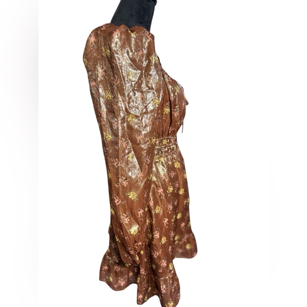 PAIGE Metallic Silk Blend Puff Sleeve Mini Dress Gold Bronze Ruffle Hem - Picture 5 of 10